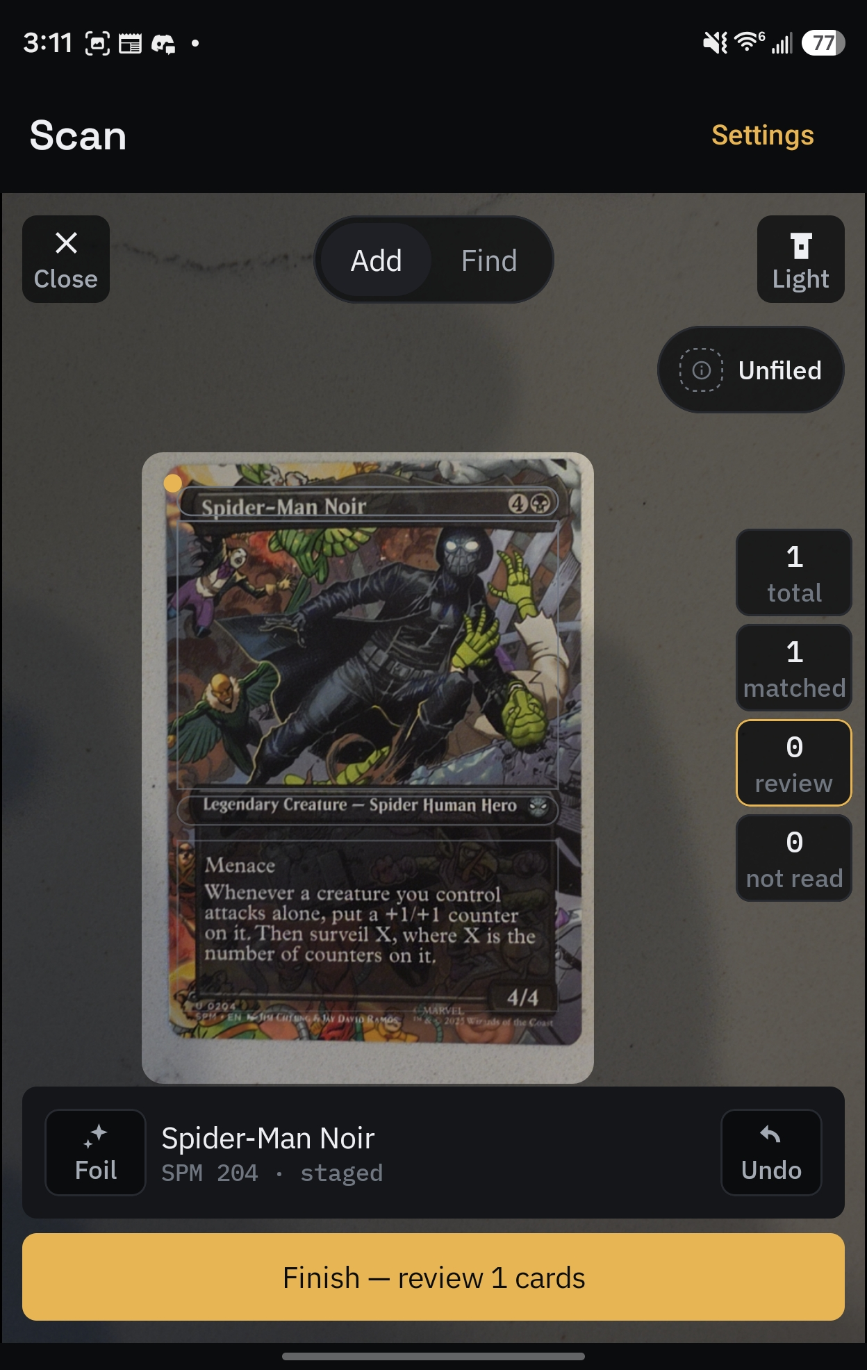 Trovery scanning Spider-Man Noir, with one matched card staged and a Finish button to review it.