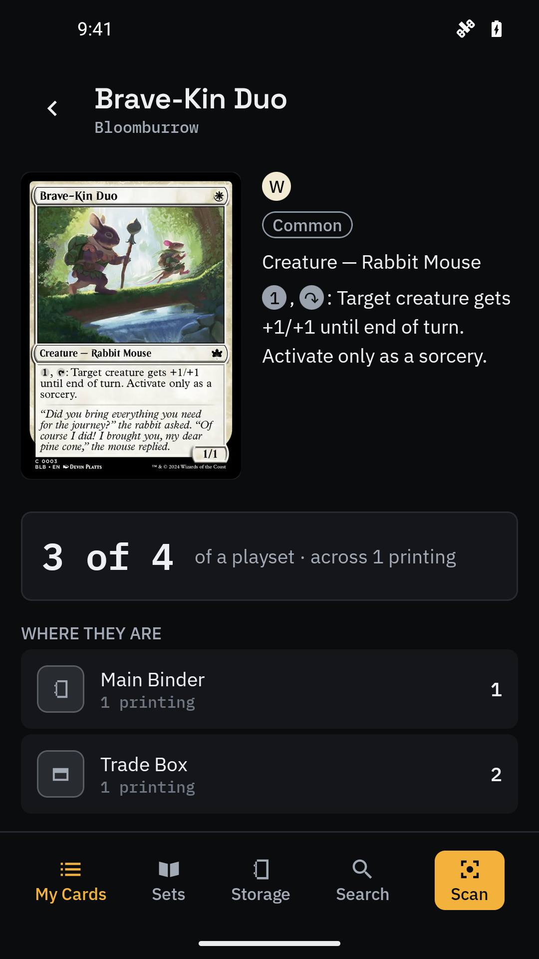 An owned card in Trovery with its copies assigned to named storage locations.