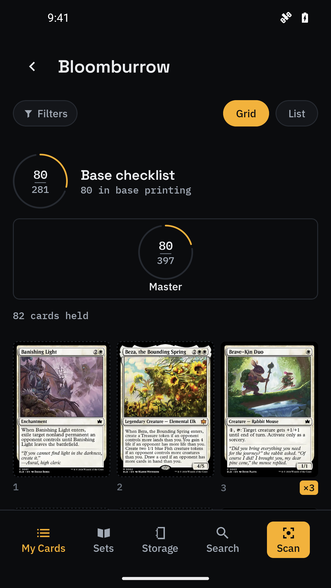 Trovery set detail showing collection progress and missing cards.