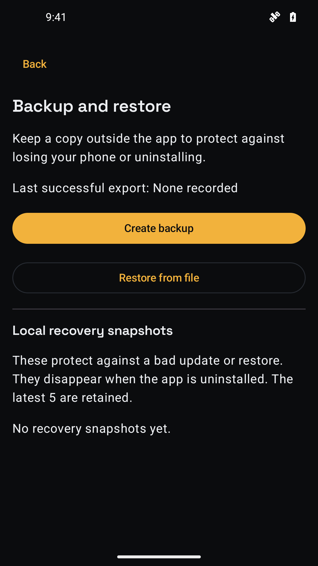 Trovery backup controls for exporting a collection and reviewing restore options.